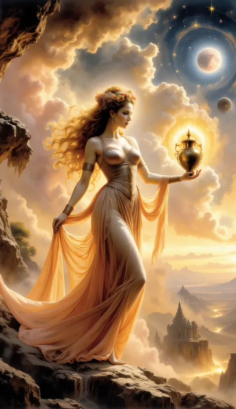 Create a hyper-realistic, highly detailed, best quality, HDR, cinematic 64K image of Eos, the Greek Goddess of Dawn. She has a radiant, ethereal beauty, with flowing golden locks that shimmer like sunlight. Her gown is made of cascading rays of soft pink, ...