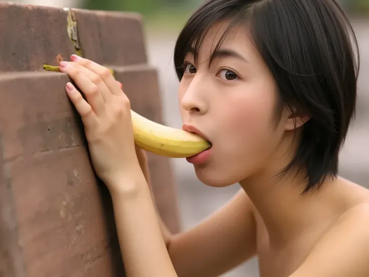 high resolution, masterpiece, anatomically accurate, High detail, beautiful Japanese、++nudes +full nude jet black hair、 Has Bananas 、 stick out your tongue、Open Your Mouth Wide、 stand a banana vertically 、 sexy、pseudo-fellatio 、Pseudo-oral sex、 Hold a bana...