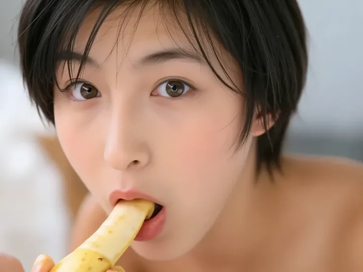 high resolution, masterpiece, anatomically accurate, High detail, beautiful Japanese、++nudes +full nude jet black hair、 Has Bananas 、 stick out your tongue、Open Your Mouth Wide、 stand a banana vertically 、 sexy、pseudo-fellatio 、Pseudo-oral sex、 Hold a bana...