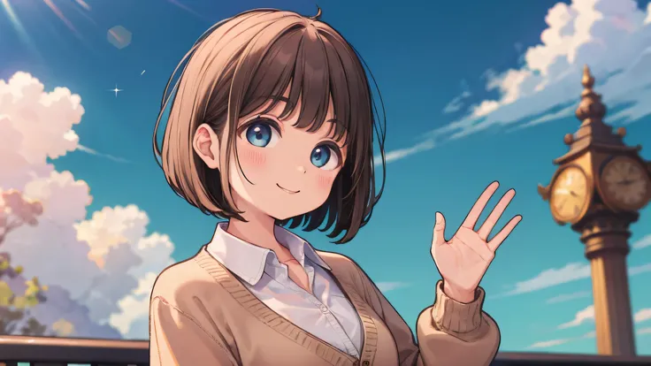 solo, I brought it to the edge,high resolution, chest, gaze, smiles, Hair,Sony FE GM, blur background, masterpiece, light brown cardigan,raise your right hand、greeting