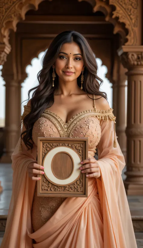 **Prompt:** Step back into the enchanting world of the Mahabharata, and discover an ancient Indian female model who embodies the essence of a bygone era. Set the scene in an elaborate, age-old numerical zero temple, where the soft whispers of history echo ...