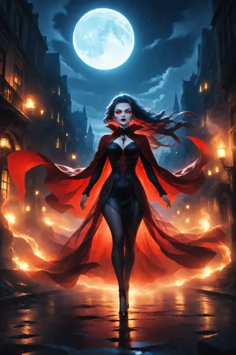 masterpiece, high score, great score, absurdres, a full body picture of a vampire queen walking in a windy day, in the big city, a beautiful mature vampire queen, elegant vampire, glowing eyes, dynamic hair color, dynamic hair style,  wearing transparent v...