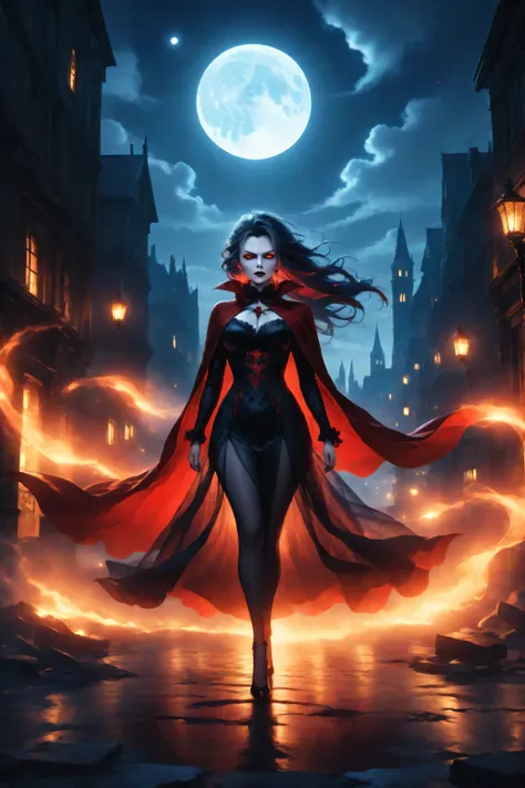 masterpiece, high score, great score, absurdres, a full body picture of a vampire queen walking in a windy day, in the big city, a beautiful mature vampire queen, elegant vampire, glowing eyes, dynamic hair color, dynamic hair style,  wearing transparent v...