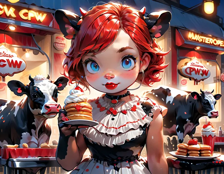 a 3D digital painting picture of extremely beautiful  (anthropomorphic cpw:1.3) serving a plate with pancakes with ice cream, whipped cream, in American diner, an exquisite beautiful female (cow anthropomorphic:1.3), ultra feminine ultra detailed face, red...