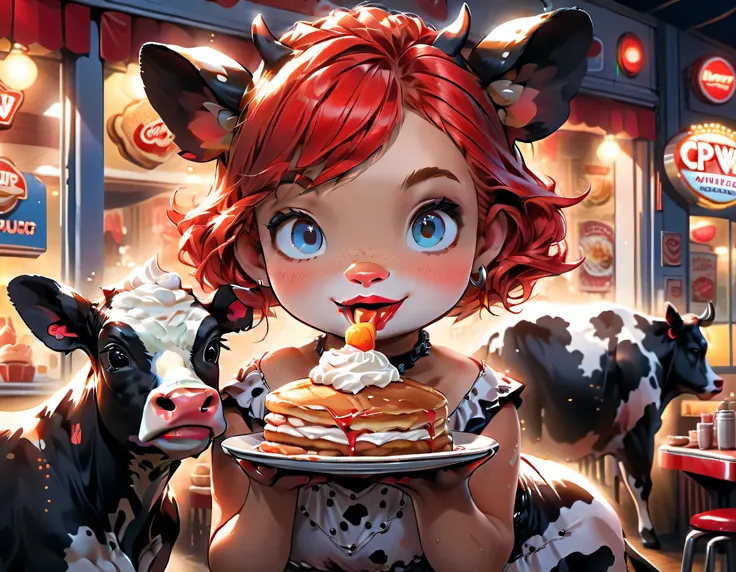 a 3D digital painting picture of extremely beautiful  (anthropomorphic cpw:1.3) serving a plate with pancakes with ice cream, whipped cream, in American diner, an exquisite beautiful female (cow anthropomorphic:1.3), ultra feminine ultra detailed face, red...