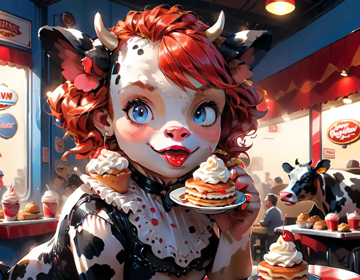 a 3D digital painting picture of extremely beautiful  (anthropomorphic cpw:1.3) serving a plate with pancakes with ice cream, whipped cream, in American diner, an exquisite beautiful female (cow anthropomorphic:1.3), ultra feminine ultra detailed face, red...