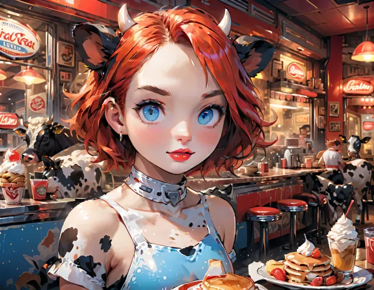 a 3D digital painting picture of extremely beautiful  (anthropomorphic cpw:1.3) serving a plate with pancakes with ice cream, whipped cream, in American diner, an exquisite beautiful female (cow anthropomorphic:1.3), ultra feminine ultra detailed face, red...