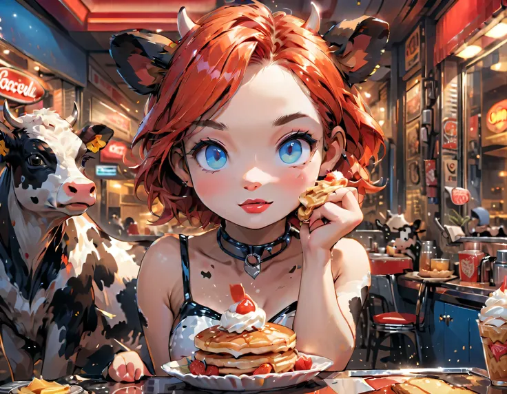 a 3D digital painting picture of extremely beautiful  (anthropomorphic cpw:1.3) serving a plate with pancakes with ice cream, whipped cream, in American diner, an exquisite beautiful female (cow anthropomorphic:1.3), ultra feminine ultra detailed face, red...