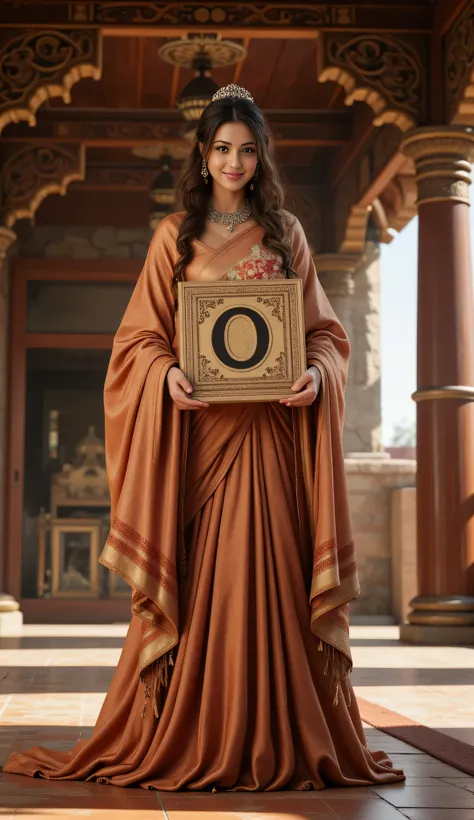 **Prompt:** Step back into the enchanting world of the Mahabharata, and discover an ancient Indian female model who embodies the essence of a bygone era. Set the scene in an elaborate, age-old numerical zero temple, where the soft whispers of history echo ...