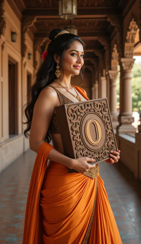 **Prompt:** Step back into the enchanting world of the Mahabharata, and discover an ancient Indian female model who embodies the essence of a bygone era. Set the scene in an elaborate, age-old numerical zero temple, where the soft whispers of history echo ...