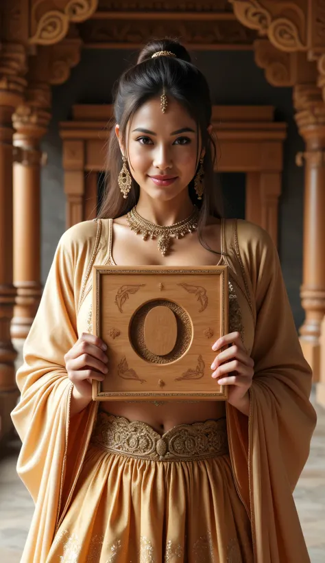 **Prompt:** Step back into the enchanting world of the Mahabharata, and discover an ancient Indian female model who embodies the essence of a bygone era. Set the scene in an elaborate, age-old numerical zero temple, where the soft whispers of history echo ...