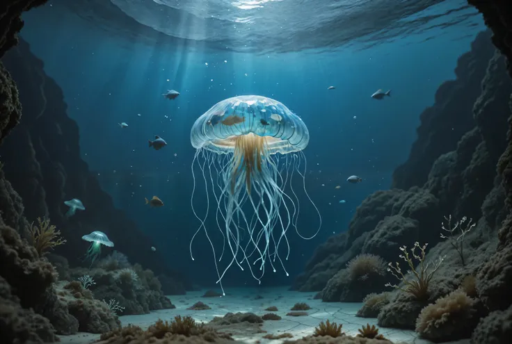 “A mesmerizing and surreal underwater scene with a smooth gradient of deep blue to glowing turquoise, creating a dreamlike atmosphere. Gentle ripples and light reflections dance across the water, forming intricate patterns. Ethereal marine creatures such a...