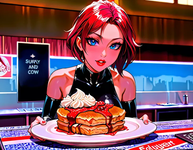 a 3D digital painting picture of extremely beautiful  (anthropomorphic cpw:1.3) serving a plate with pancakes with ice cream, whipped cream, in American diner, an exquisite beautiful female (cow anthropomorphic:1.3), ultra feminine ultra detailed face, red...