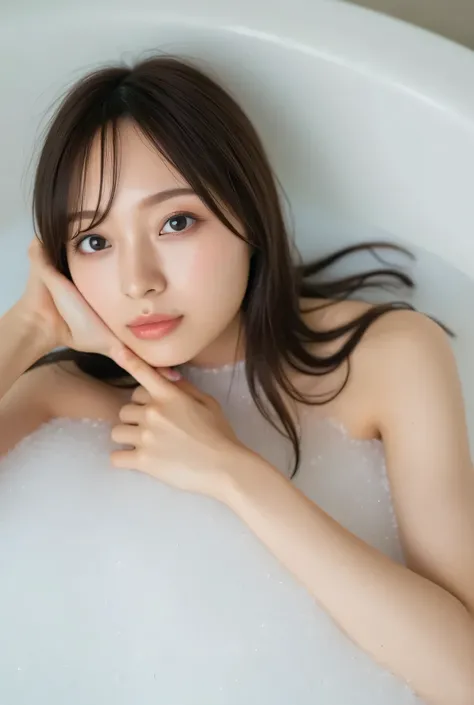 professional photography, realistic, Wong Ka-wai , A picture of an Asian woman lying in the bathtub taken from above, she has long disheveled dark hair , She is taking a bath, she has beautiful makeup , A bathtub full of bubbles , A picture of bubbles flyi...