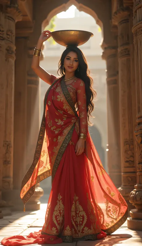 **Prompt:** Step into the enchanting landscapes of the Mahabharata, where an ancient Indian female folk model embodies the spirit of a bygone era. Envision a magnificent temple devoted to the profound concept of the number zero, its towering walls echoing ...