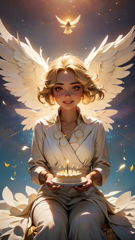 aasimar, african appearance, 1child, 1kid, 1baby, 1teen, celebrating birthday, sitting, in front of a beautifully decorated cake, glowing candles, bright golden eyes, faint celestial halo above head, small feathered wings, festive outfit, subtle celestial ...