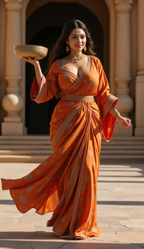 **Prompt:** Step into the enchanting landscapes of the Mahabharata, where an ancient Indian curvy female folk model embodies the spirit of a bygone era. Envision a magnificent temple devoted to the profound concept of the number zero, its towering walls ec...