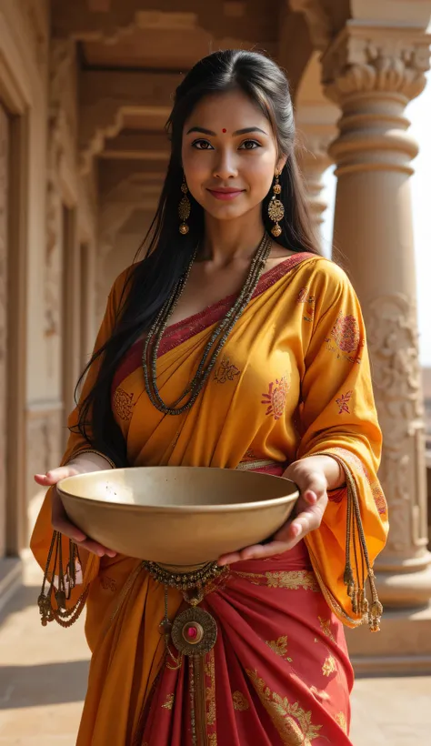 **Prompt:** Step into the enchanting landscapes of the Mahabharata, where an ancient Indian female folk model embodies the spirit of a bygone era. Envision a magnificent temple devoted to the profound concept of the number zero, its towering walls echoing ...