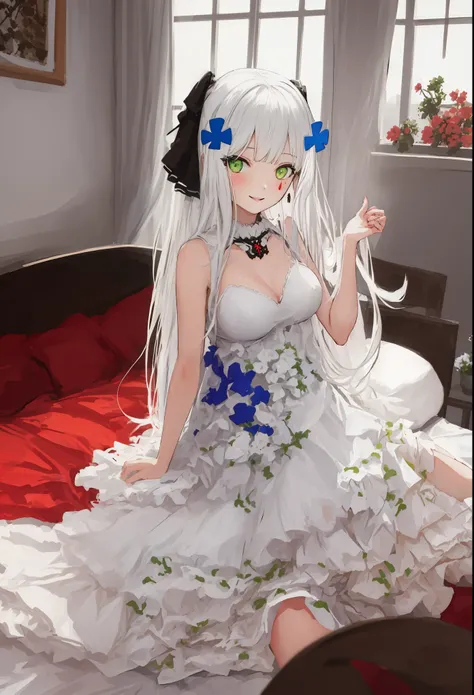 best quality,  High Resolution, Unique, 416_girlsfrontline,  white hair，1 girl, full body, white background, White silk dress,  light green eyes ,   big breast , Looking up at the camera, Great light, Precise, German Tilt Lens, indoor, bed room, best quali...