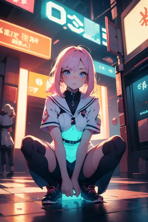 Anime girl, sailor uniform, sitting pose, futuristic neon-lit city, cyberpunk aesthetic, glowing signs, reflective floor, blue and pink neon lights, detailed background, soft shadows, vibrant colors
