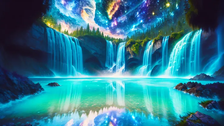 Majestic Atmosphere ,Vast Sky,( very beautiful artistic watercolor painting ), beautiful nature ,Very big and beautiful sky,\(( very elaborate and beautiful galaxy reflection:1.4)\),(many waterfalls lined up),Lots of Flow,Glowing moss ,shining rock face,...