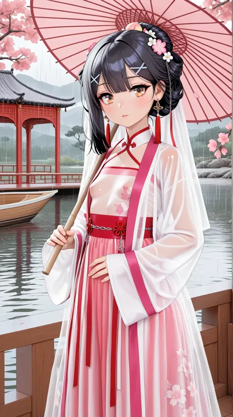 1girl,(Miyu Edelfelt),loli,solo,bangs,brown_eyes,black hair,updo,expressionless,blush,flower,beautiful detailed_background,small breasts,butterfly,(purple gorgeous hanfu, jin style outfits),gold trim,upper shan, chest ru skirt, cape coat,earrings,mask,chai...