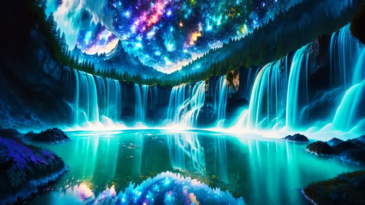 Majestic Atmosphere ,Vast Sky,( very beautiful artistic watercolor painting ), beautiful nature ,Very big and beautiful sky,\(( very elaborate and beautiful galaxy reflection:1.4)\),(many waterfalls lined up),Lots of Flow,Glowing moss ,shining rock face,...