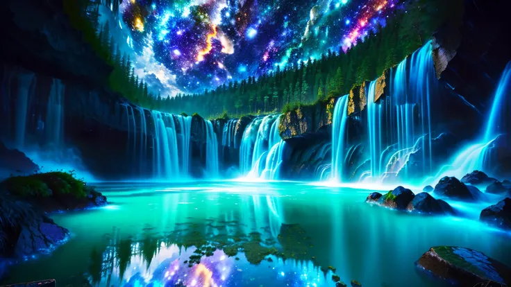 Majestic Atmosphere ,Vast Sky,( very beautiful artistic watercolor painting ), beautiful nature ,Very big and beautiful sky,\(( very elaborate and beautiful galaxy reflection:1.4)\),(many waterfalls lined up),Lots of Flow,Glowing moss ,shining rock face,...