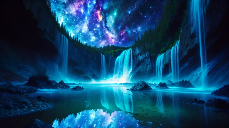 Majestic Atmosphere ,Vast Sky,( very beautiful artistic watercolor painting ), beautiful nature ,Very big and beautiful sky,\(( very elaborate and beautiful galaxy reflection:1.4)\),(many waterfalls lined up),Lots of Flow,Glowing moss ,shining rock face,...