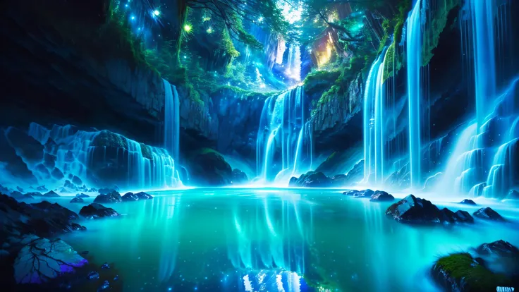 Majestic Atmosphere ,Vast Sky,( very beautiful artistic watercolor painting ), beautiful nature ,Very big and beautiful sky,\(( very elaborate and beautiful galaxy reflection:1.4)\),(many waterfalls lined up),Lots of Flow,Glowing moss ,shining rock face,...