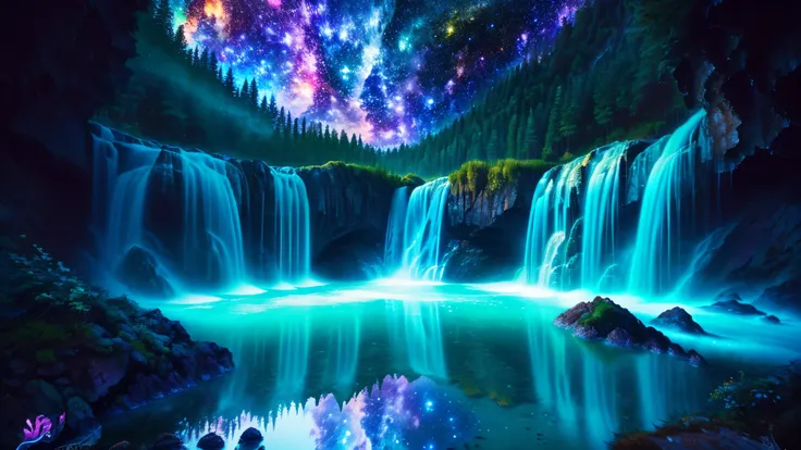 Majestic Atmosphere ,Vast Sky,( very beautiful artistic watercolor painting ), beautiful nature ,Very big and beautiful sky,\(( very elaborate and beautiful galaxy reflection:1.4)\),(many waterfalls lined up),Lots of Flow,Glowing moss ,shining rock face,...