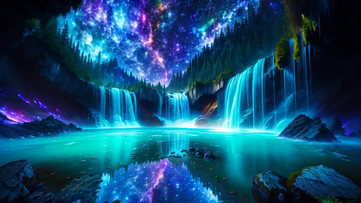 Majestic Atmosphere ,Vast Sky,( very beautiful artistic watercolor painting ), beautiful nature ,Very big and beautiful sky,\(( very elaborate and beautiful galaxy reflection:1.4)\),(many waterfalls lined up),Lots of Flow,Glowing moss ,shining rock face,...