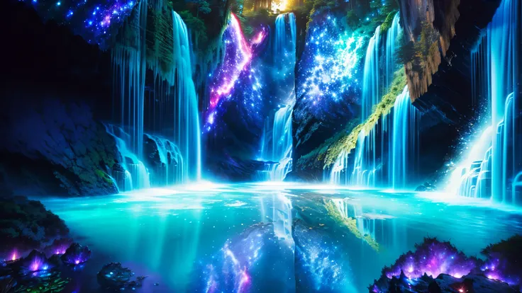 Majestic Atmosphere ,Vast Sky,( very beautiful artistic watercolor painting ), beautiful nature ,Very big and beautiful sky,\(( very elaborate and beautiful galaxy reflection:1.4)\),(many waterfalls lined up),Lots of Flow,Glowing moss ,shining rock face,...