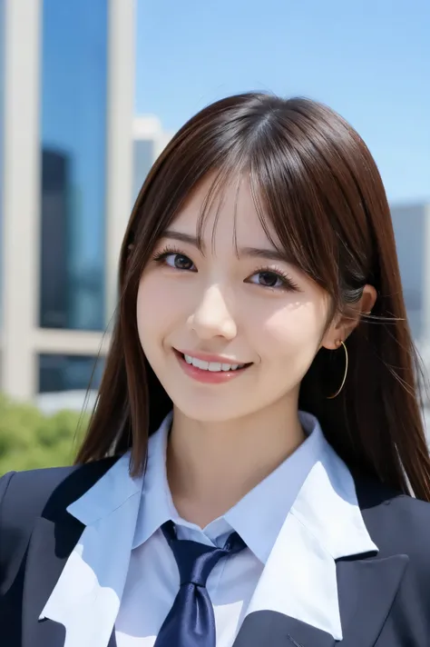 high resolution, in super detail, high quality,Beautiful Face,(business attire:1.5),Big breasts,Smile,Japanese idol faces