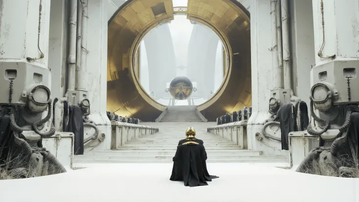 A group of black giants sitting on a white throne in the distance,It has a mirror reflection,The backrest of the throne stands tall,大Wide-angle composition。Two rows of soldiers stand neatly on both sides of the hallway,Religious composition,Sacred,Soldiers...