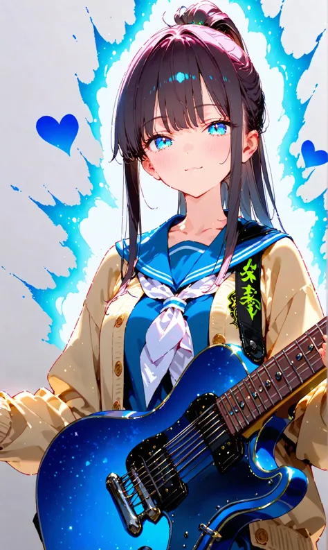 A shot of a cowboy capturing a watercolor painting (0.4) And pastel (0.6) portrait: One girl with long dark hair in a ponytail, Her blue eyes are fixed to the audience, standing on a live concert stage. She's wearing a blue sailor-colored uniform, white ne...
