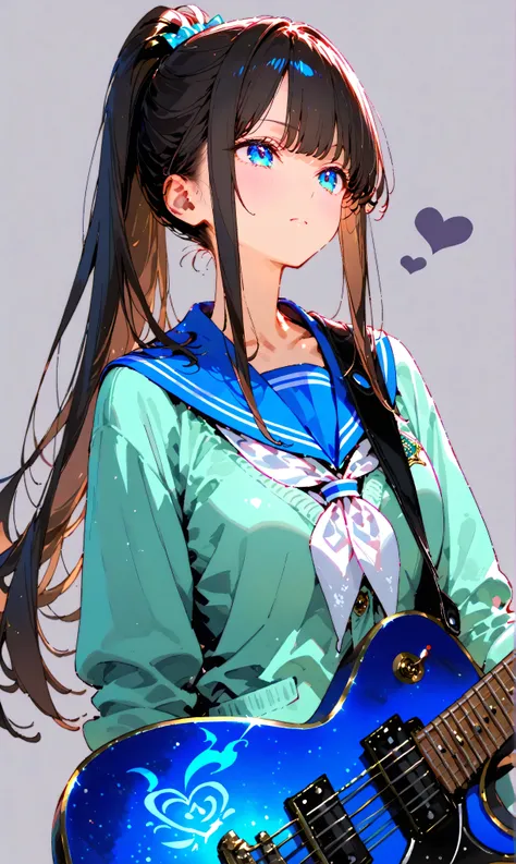 A shot of a cowboy capturing a watercolor painting (0.4) And pastel (0.6) portrait: One girl with long dark hair in a ponytail, Her blue eyes are fixed to the audience, standing on a live concert stage. She's wearing a blue sailor-colored uniform, white ne...