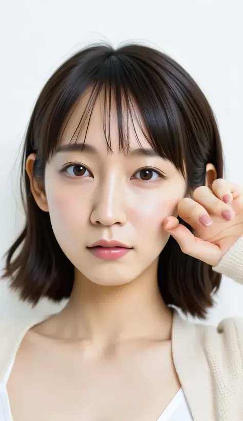 ((( capturing the entire face from a low angle 、 Biologically accurate image of the cheek {x} 、Yoshioka is staring at the lens :1.22, lean forward , Loose Cardigan 、 no pants))), Japanese woman , hotel room 、 Indirect Illu...