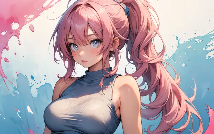 make a poster with an abstract watercolour background, side composition, 1 girl, extremely detailed face and eyes, long wavy messy pink hair in a ponytail, very tight sleeveless halter shirt,(medium sized round breasts:1.0), (tight shirt:1.3), (round breas...