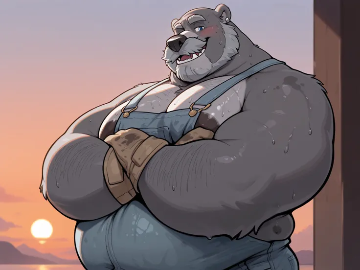masterpiece, best quality, amazing quality, anthro bear, grey fur, bald, blue eyes, 1boy, solo, fat arms, dilf, dad body, daddy, grey fur, bushy grey mustache, grey beard, tall, fangs, large snout, large nose, black nose, wide head, grey ear piercing, fat,...