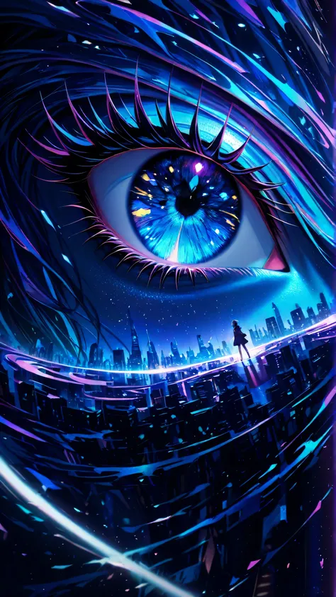An ethereal and dynamic scene that represents the fleeting moment of 'In the Blink of an Eye.' A close-up of a human eye, with a surreal, glowing iris reflecting a rapidly changing cityscape or natural landscape. The image should evoke a sense of time movi...