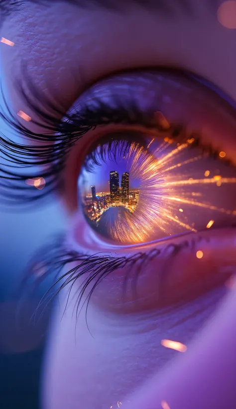 An ethereal and dynamic scene that represents the fleeting moment of 'In the Blink of an Eye.' A close-up of a human eye, with a surreal, glowing iris reflecting a rapidly changing cityscape or natural landscape. The image should evoke a sense of time movi...