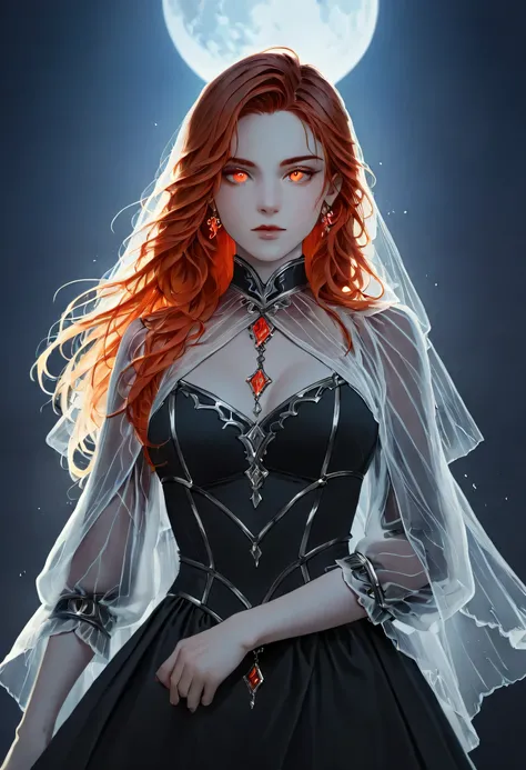 dark fantasy art, a picture of a fantasy, beautiful female vampire, best detailed face, pale skin, blond hair, glowing eyes, red eyes, wearing black dress, (transparent voile fabric dress: 1.3), intricate dress, hugging a man, muscular man, best detailed...