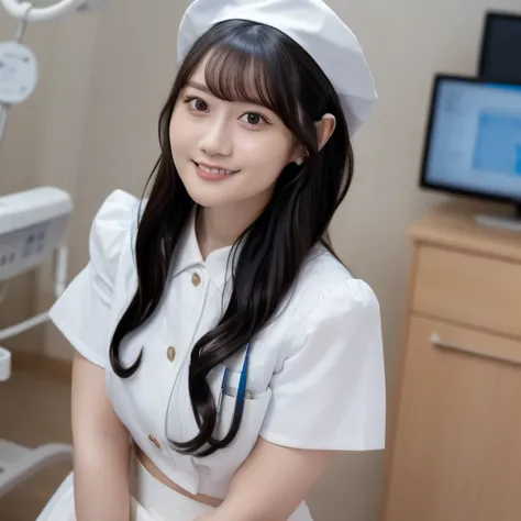 A breathtakingly beautiful 20-year-old woman stands in a warmly lit hospital room, dressed in a white mini-skirt nurse uniform with a matching cap. Her shy smile adds a touch of charm, while the surrounding medical equipment and furnishings create an authe...