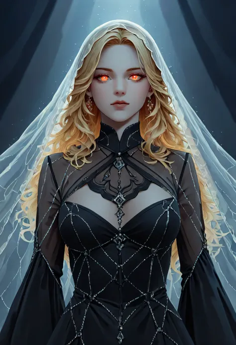 dark fantasy art, a picture of a fantasy, beautiful female vampire, best detailed face, pale skin, blond hair, glowing eyes, red eyes, wearing black dress, (transparent voile fabric dress: 1.3), intricate dress, it is night time, the moon is in the sky, a...