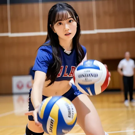 A breathtakingly beautiful 20-year-old woman soars into the air on a volleyball court inside a brightly lit gymnasium, preparing to spike the ball with precision and power. Her athletic form is accentuated by a sleek, form-fitting uniform, and her intense ...