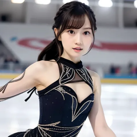 Depict a 20-year-old, stunningly beautiful woman gracefully gliding across the ice in a grand skating arena. She wears an elegant and intricately designed figure skating dress, adorned with shimmering details that reflect the arena lights. Her expression i...