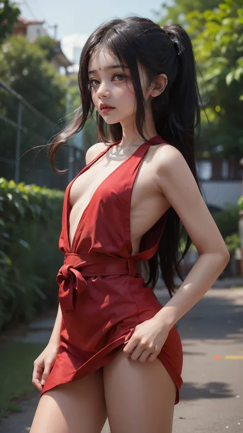 8K, ultra high detailed small indian girl, crying expression, long hair, impressive hairstyle, detailed eyes, detailed lips, small indian sexy girl, Naked open naked  in a torn kurti, she has thick thighs, short height, she has thick thighs, little innocen...