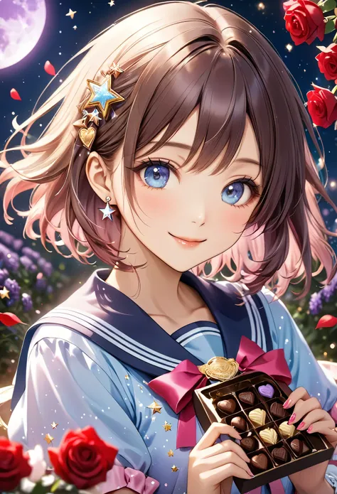 Dreamy anime-style illustration of a 20 year old beautiful woman with short bob chestnut-colour brown hair with soft highlights. The hair color is a beautiful gradation from dark maroon to light maroon。 hair has a soft luster 、Expresses a natural sense of ...