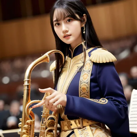 Depict a 20-year-old, dazzlingly beautiful woman playing a brass instrument in a grand concert hall. She wears an elegant yet practical band uniform, designed with intricate gold embroidery. Her posture is poised, fingers positioned with precision, her eye...